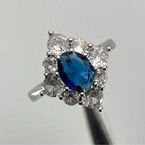 Beautiful Statement Marquee Halo Blue Sapphire Diamond CZ Silver Plated Ring